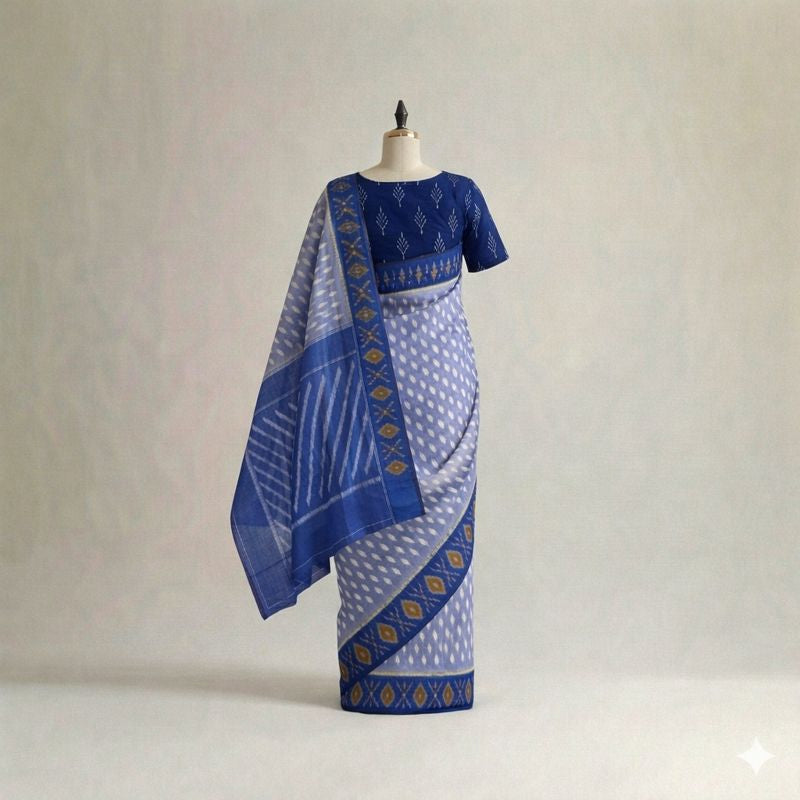 Blue, White, and Navy Ikat Cotton Saree