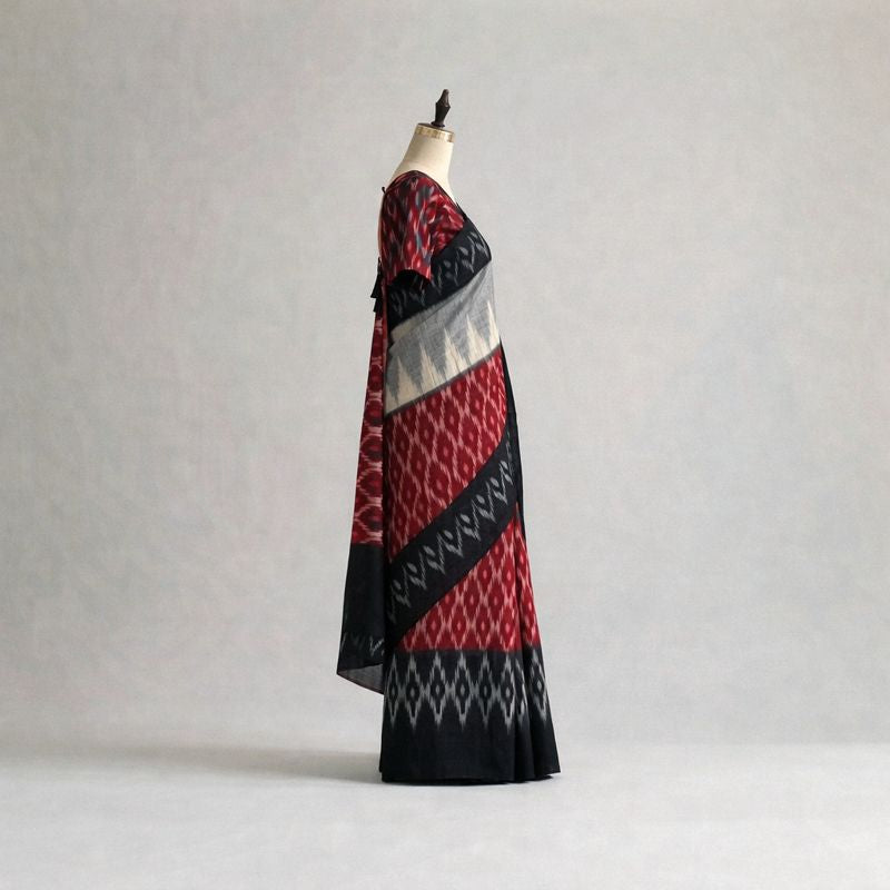 Grey, Red, and Black Ikat Cotton Saree