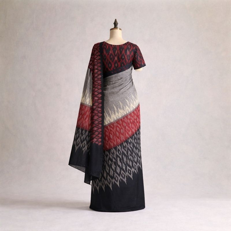 Grey, Red, and Black Ikat Cotton Saree