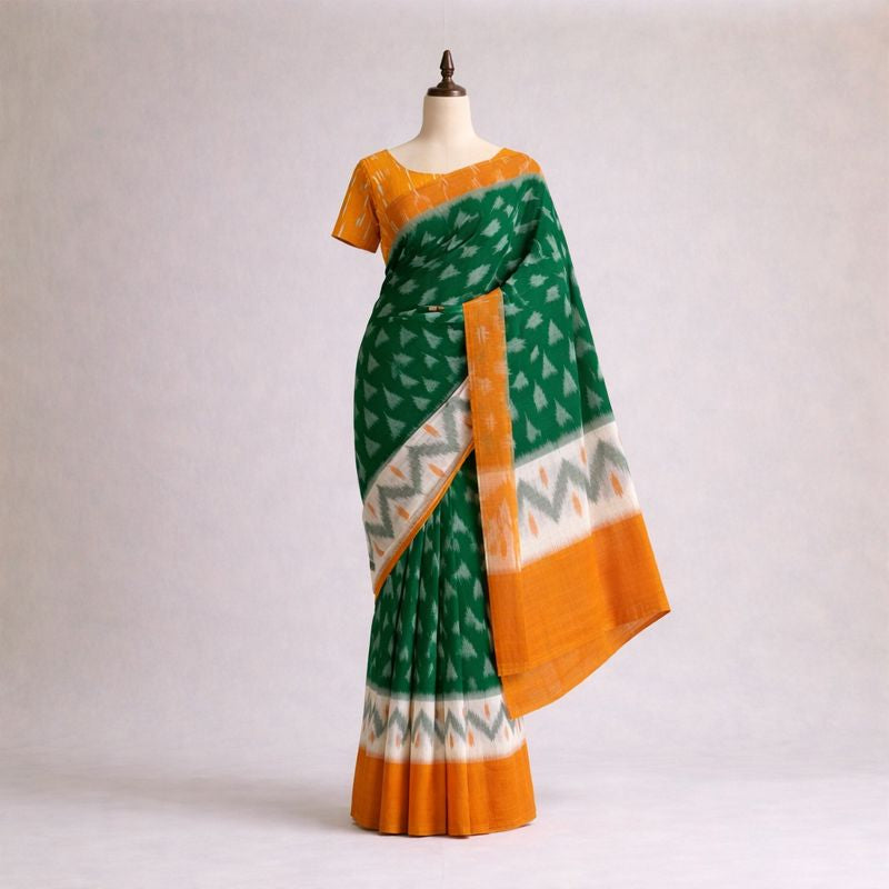 Emerald Green and Mustard Ikat Cotton Saree