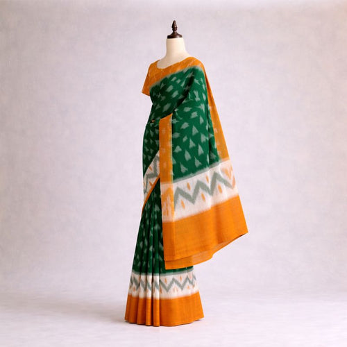 Emerald Green and Mustard Ikat Cotton Saree