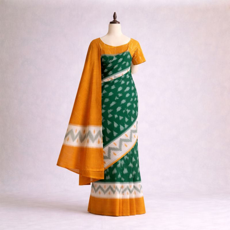 Emerald Green and Mustard Ikat Cotton Saree