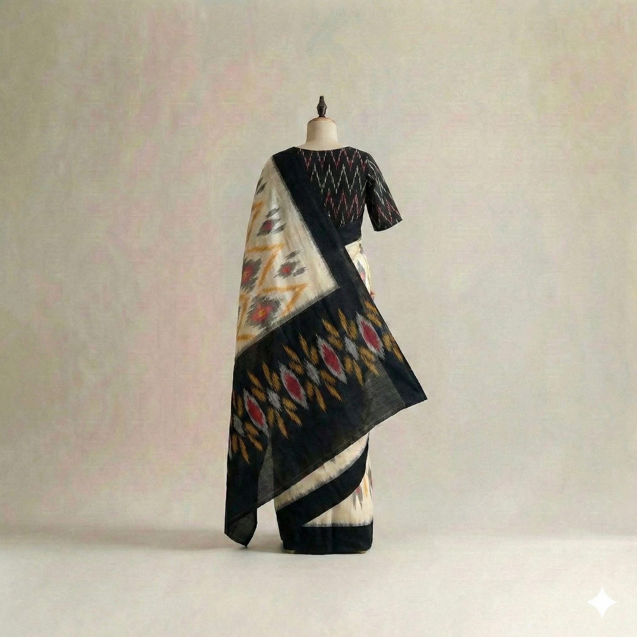 Cream and Black Geometric Ikat Cotton Saree