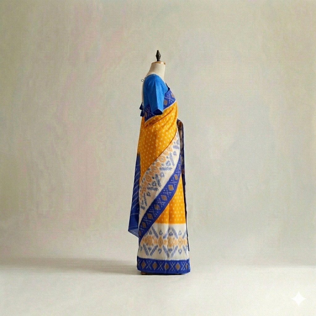 Yellow and Blue Ikat Cotton Saree