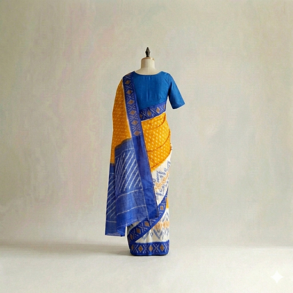 Yellow and Blue Ikat Cotton Saree