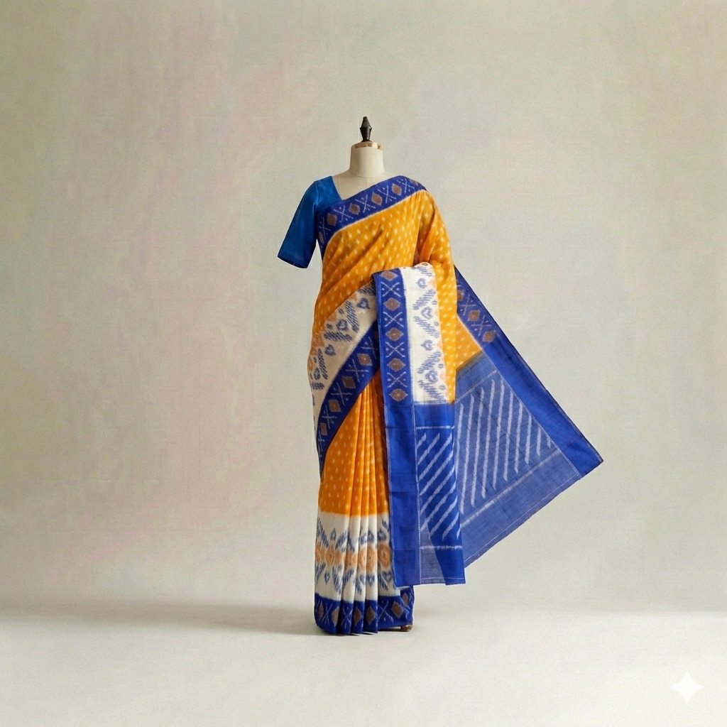 Yellow and Blue Ikat Cotton Saree