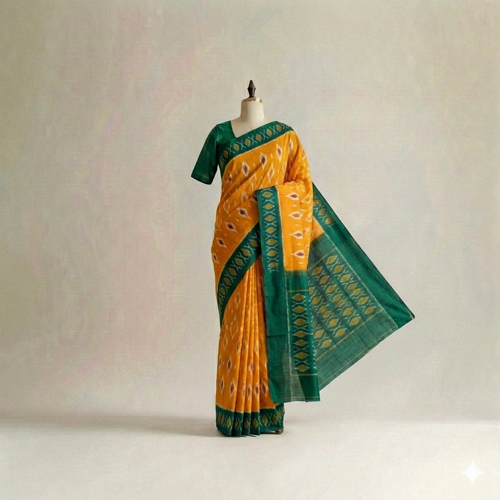 Orange, Dark Green, and White Ikat Cotton Saree