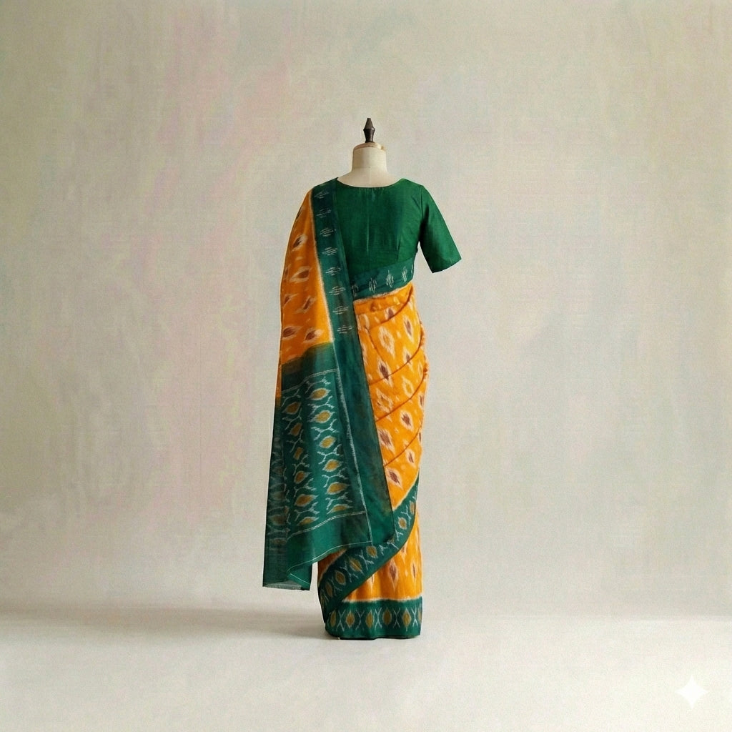 Orange, Dark Green, and White Ikat Cotton Saree