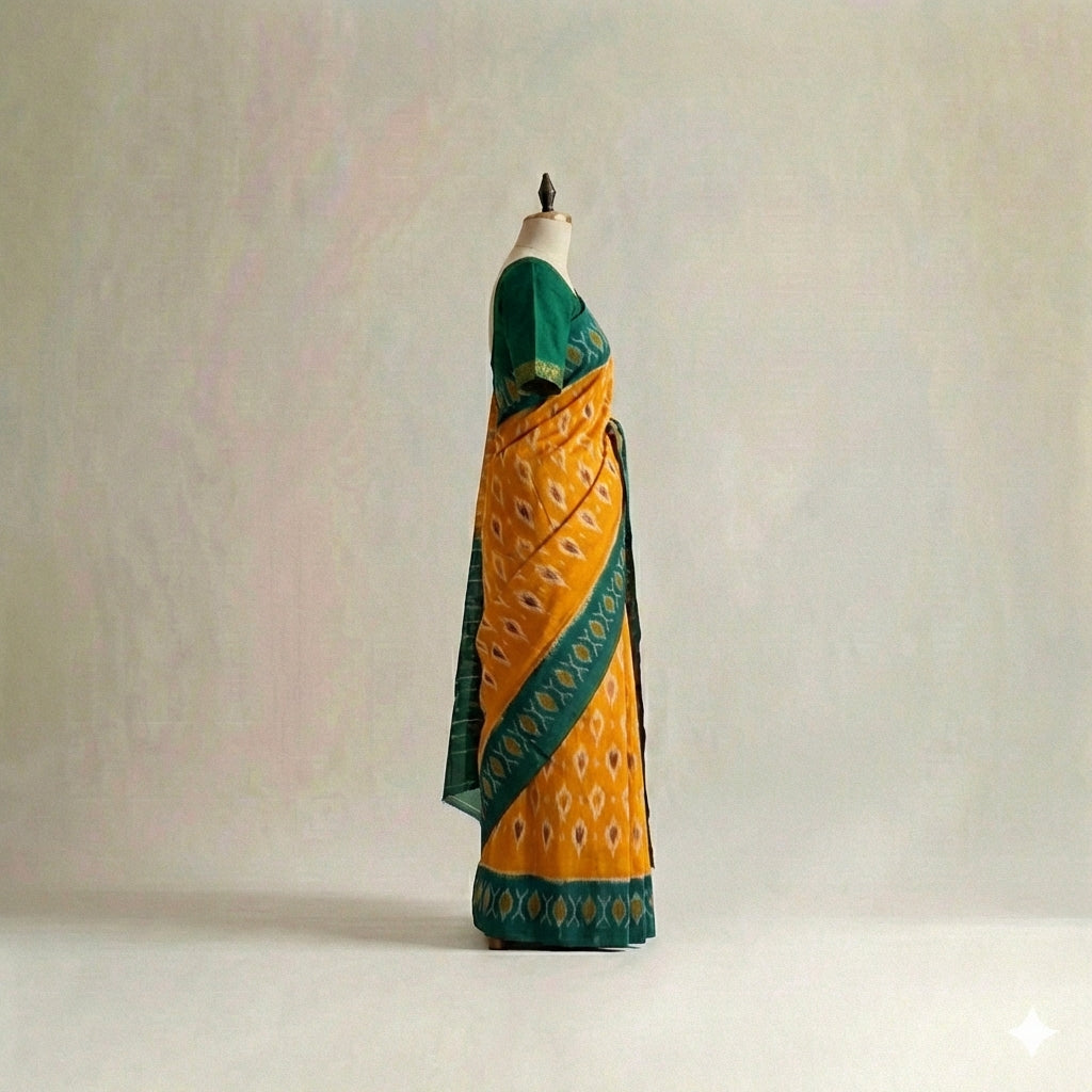 Orange, Dark Green, and White Ikat Cotton Saree