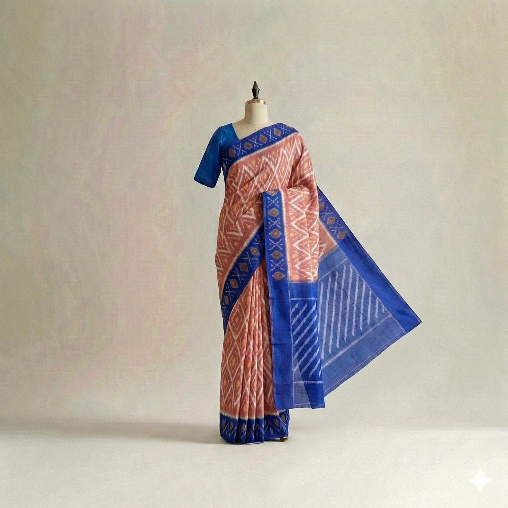 Coral & Royal Blue Diamond Ikat Cotton Saree