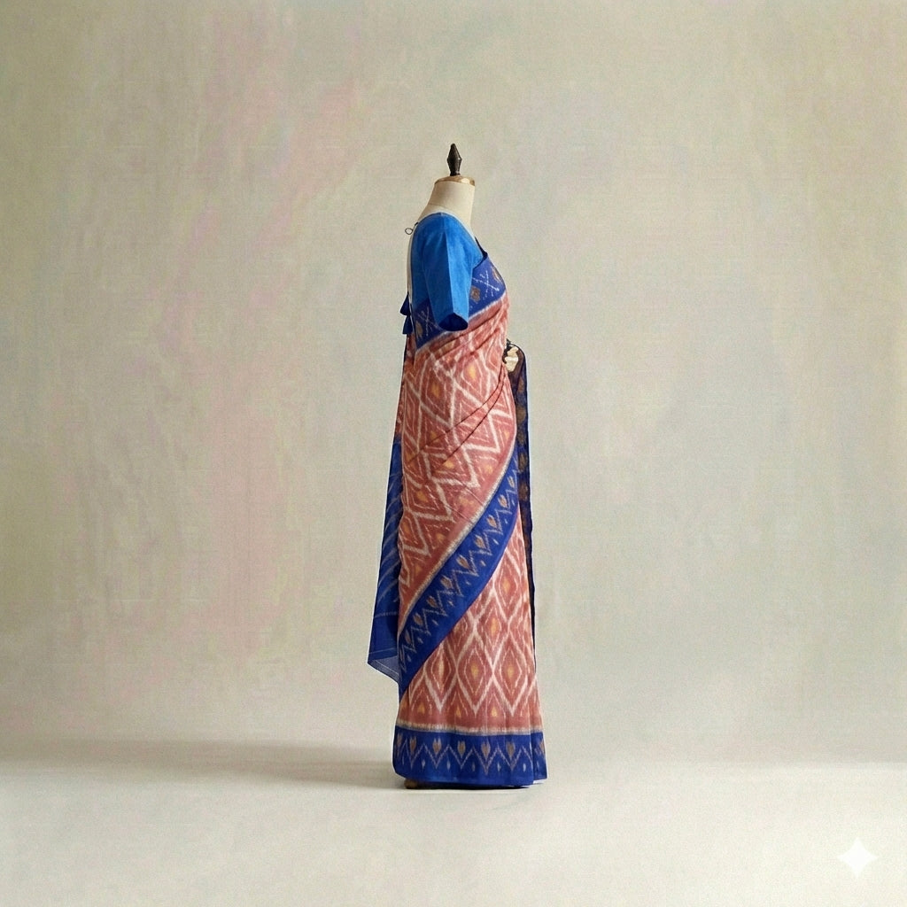 Coral & Royal Blue Diamond Ikat Cotton Saree