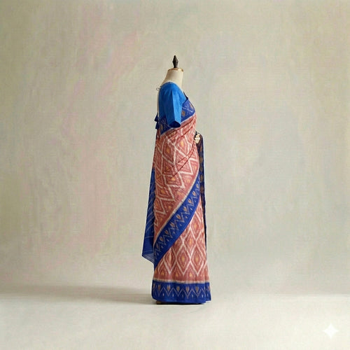 Coral & Royal Blue Diamond Ikat Cotton Saree