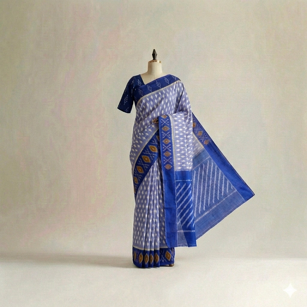 Blue, White, and Navy Ikat Cotton Saree