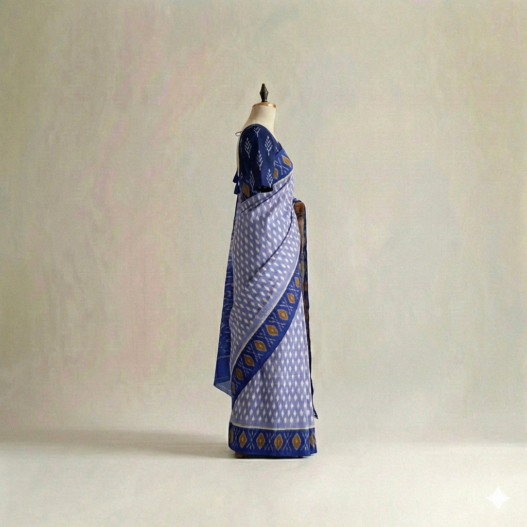 Blue, White, and Navy Ikat Cotton Saree