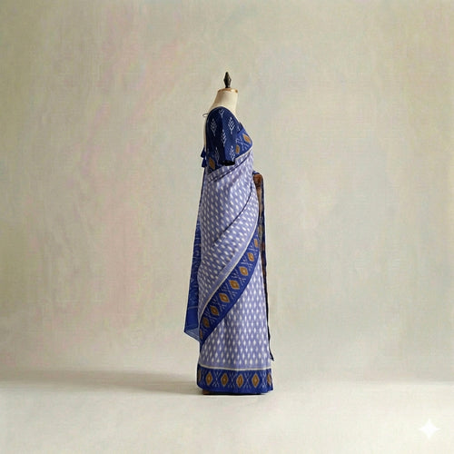 Blue, White, and Navy Ikat Cotton Saree