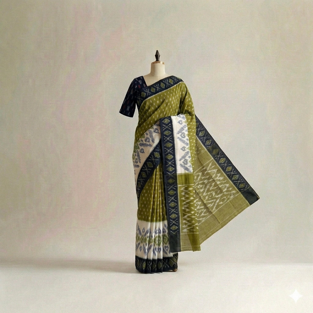 Olive Heritage Ikat Cotton Saree